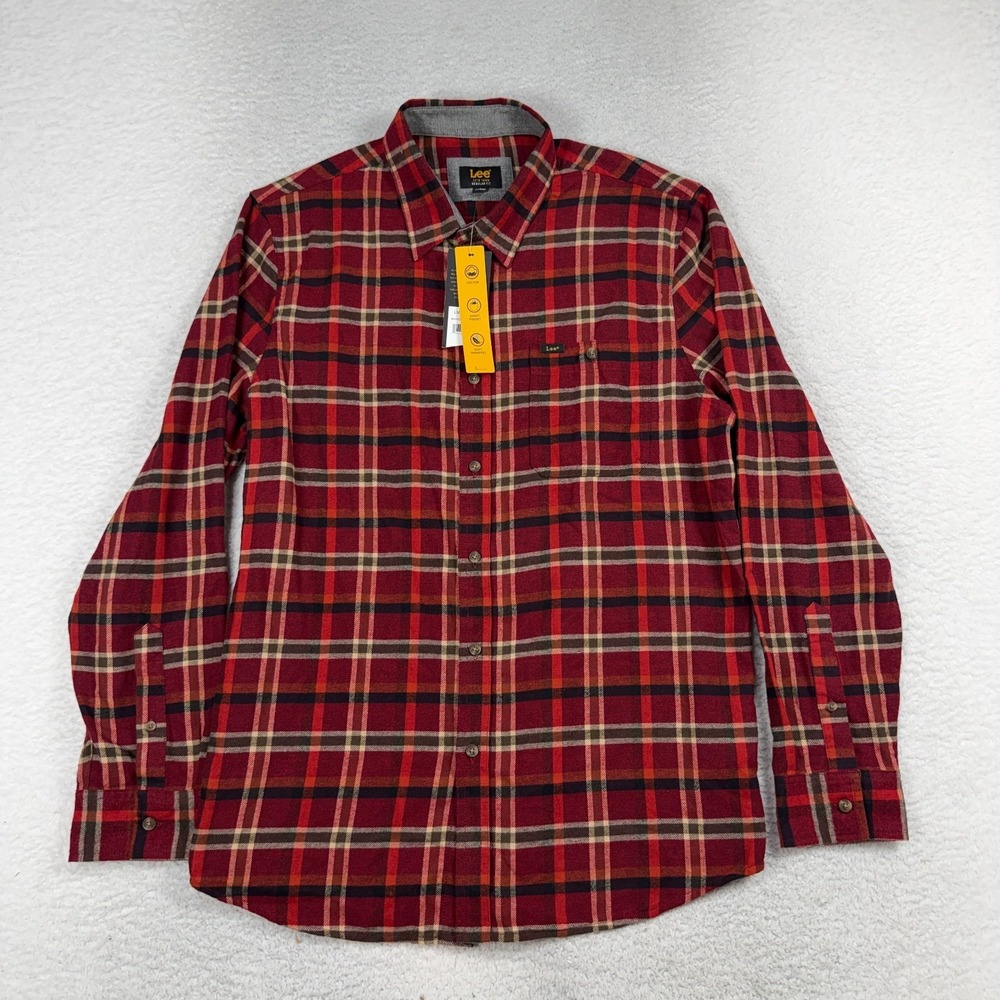 Lee Button Up Flannel Shirt Mens Large Regular Fit Red Plaid Long Sleeve NWT